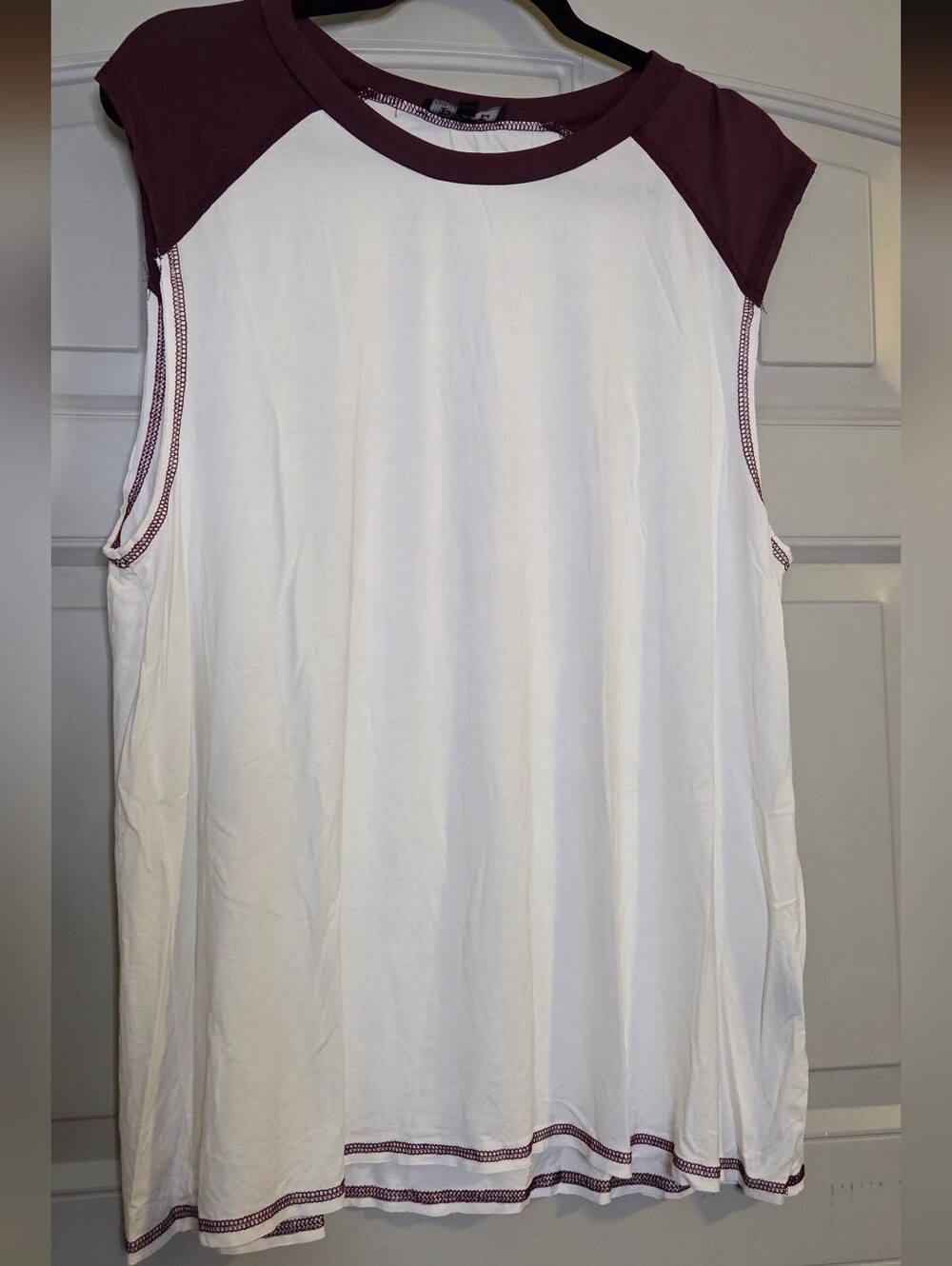 POL White Sleeveless Top with Maroon Raglan Trim